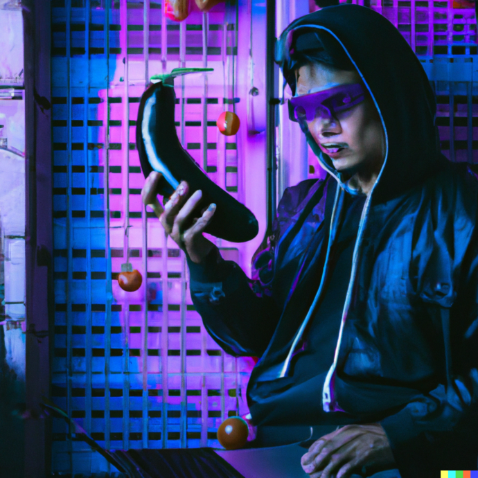 Hacker with a cyberpunk eggplant